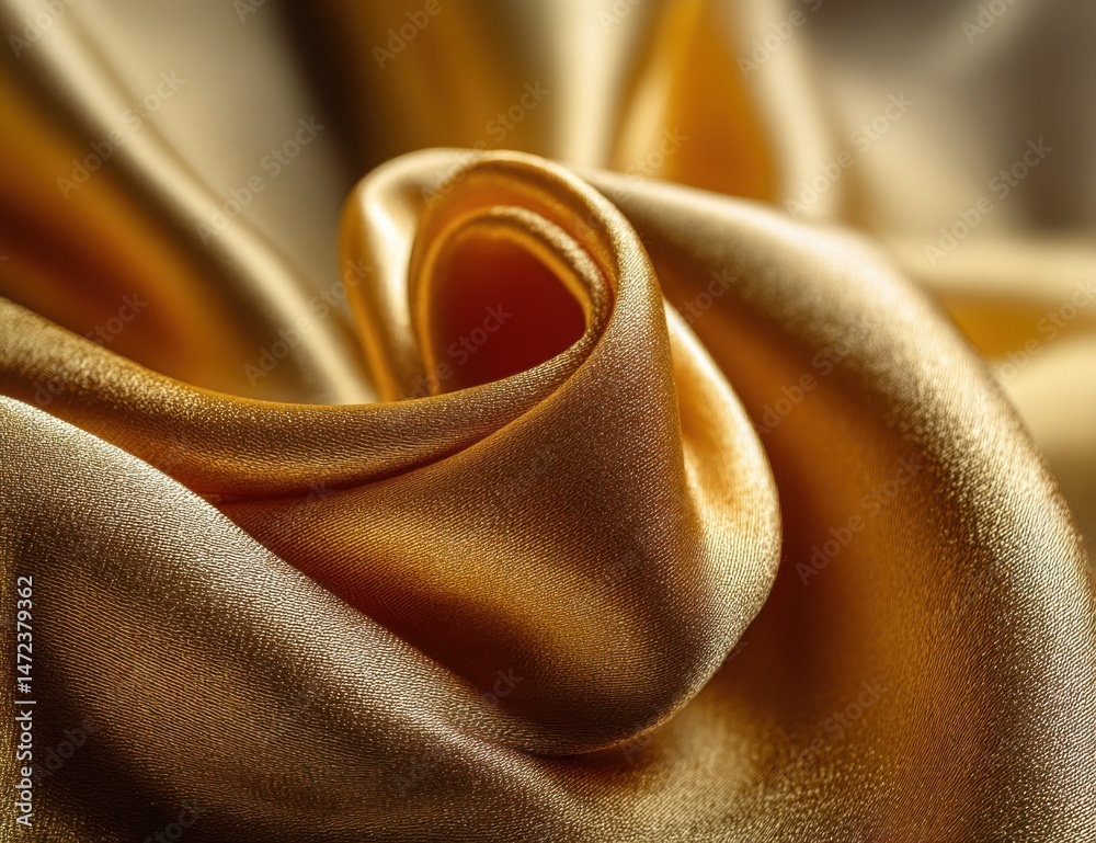 Poster Luxurious golden silk fabric, elegantly draped and shimmering, showcasing its rich texture and subtle sheen.  The folds create a captivating abstract pattern. : Generative AI