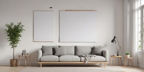 Modern living room, poster mockup on white wall, wooden clips , photography, hanging