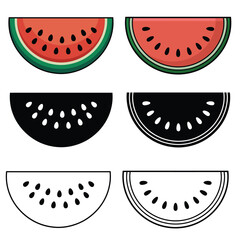 Watermelon Slice Illustration Set Color Black and White, Watermelon Line Art Illustrations Set for Coloring, Watermelon Fruit Half Slice Icons Black White