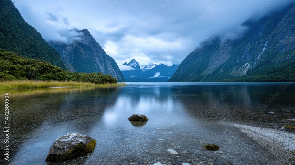 Poster serene mountain lake reflecting majestic peaks under a cloudy sky, showcasing tranquil water with sm