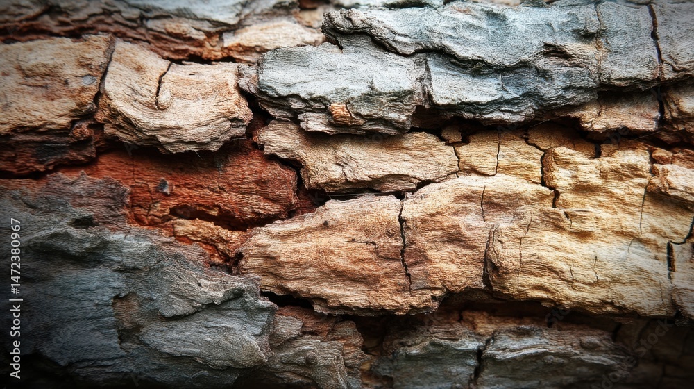 Poster detailed close-up of weathered tree bark, showcasing a textured surface with variations in brown, gr