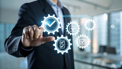 The company's product quality certificate is compliant, the check mark symbol represents the standard quality control. Businesses and companies.