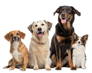 Group of different dogs looking at camera isolated on white background, PNG