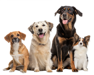 Group of different dogs looking at camera isolated on white background, PNG