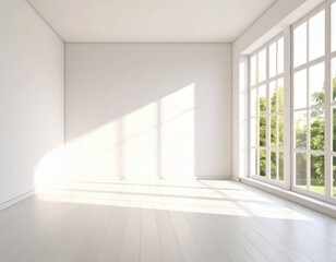 Bright, minimalist room with large windows allowing natural light and a view of greenery outside, creating a serene atmosphere