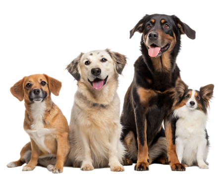 Group of different dogs looking at camera isolated on white background, PNG