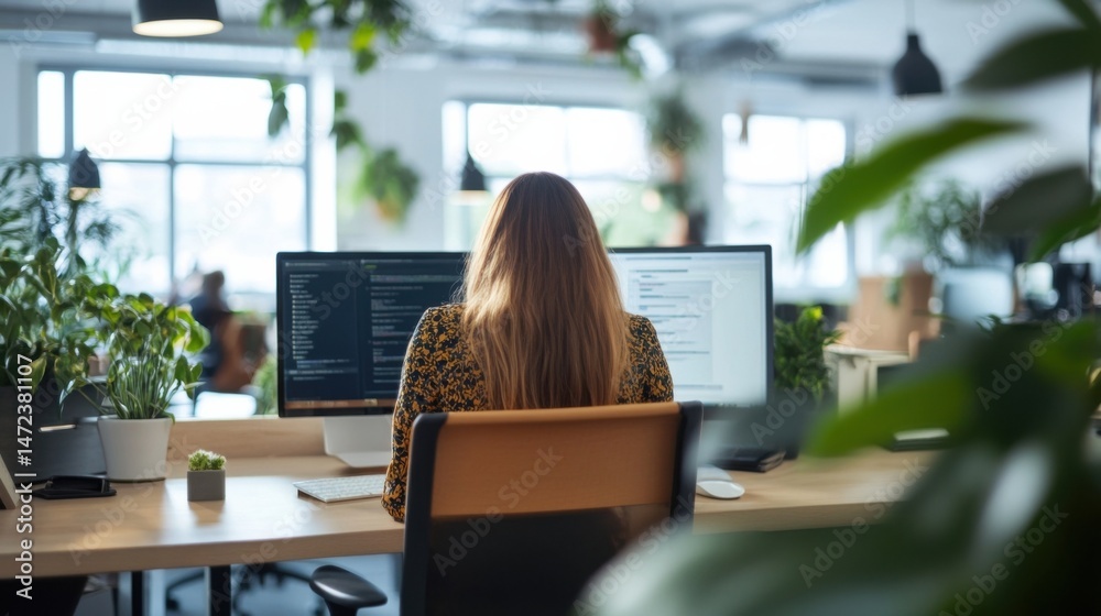 Poster woman programmer works on code at her desk in a modern, plant-filled office, focusing intently on du