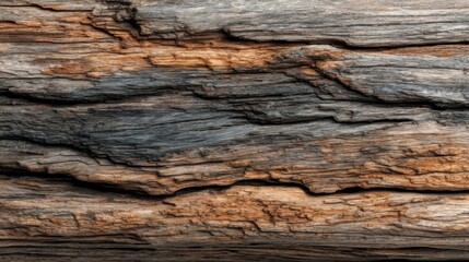 Detailed texture of aged, weathered wood showing deep cracks and variations in brown, gray, and black tones. : Generative AI