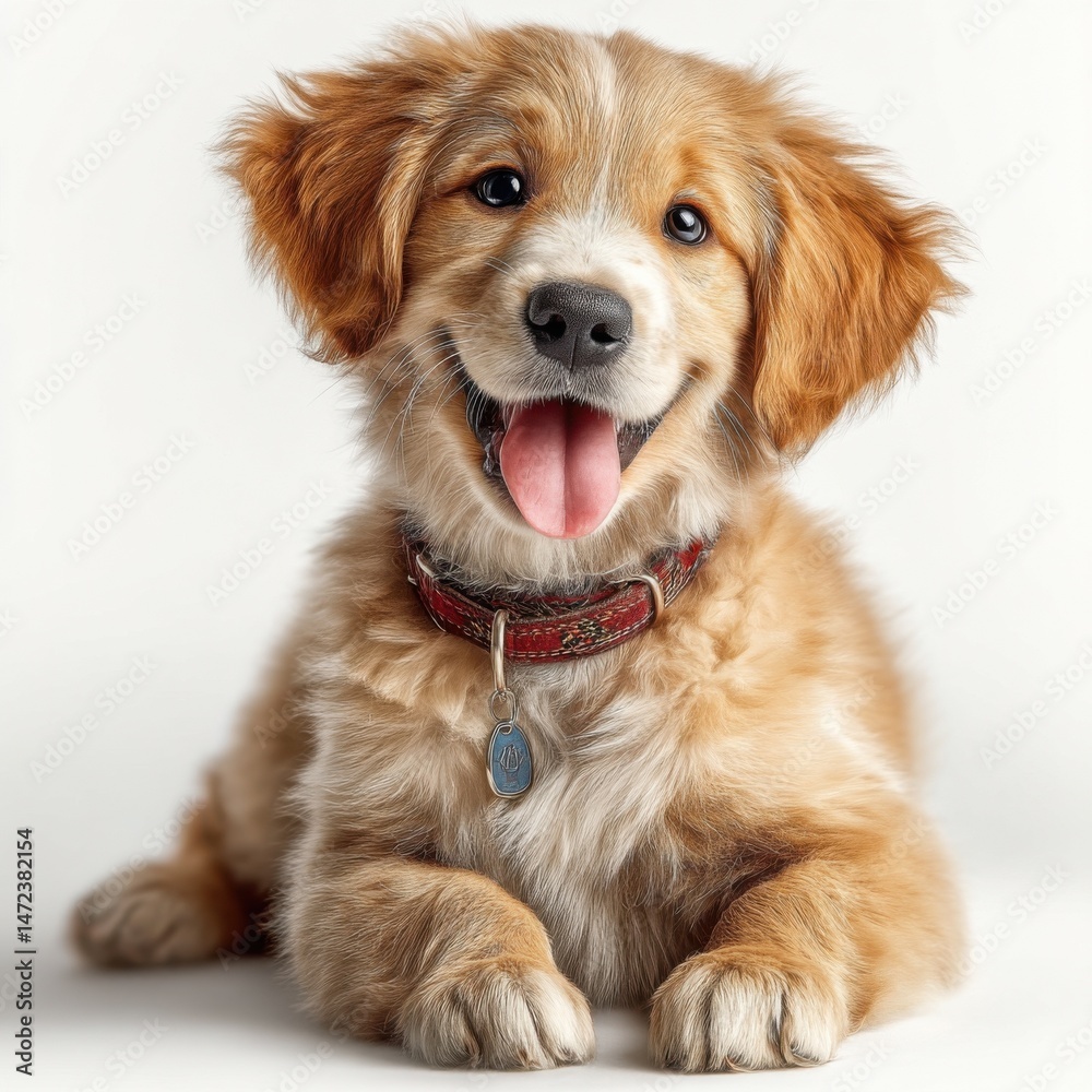 Poster adorable golden retriever puppy with fluffy fur, wearing a red collar and tag, lying down on a white