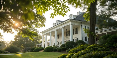 Majestic Southern Mansion at Sunrise, Columns and Lush Greenery