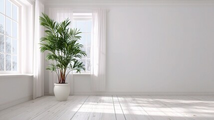 Bright White Room with Simple Decor and a Potted Plant