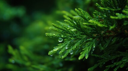 Fototapeta premium Lush green foliage with dew drops reveals nature's refreshing beauty in an up-close perspective, embodying serenity and renewal.