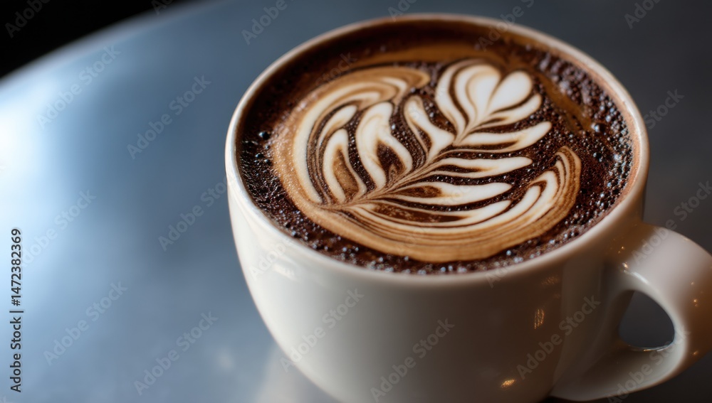 Poster a close-up view of a cup of latte art, showcasing a detailed leaf design in rich brown and creamy wh