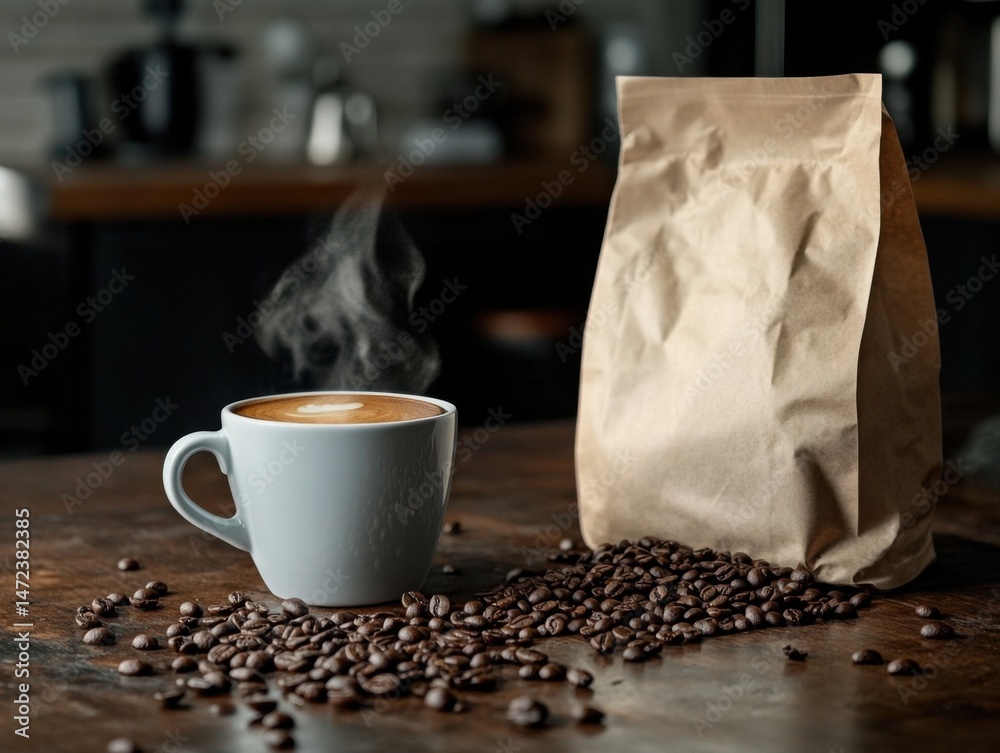 Poster a steaming cup of latte art coffee sits on a dark wooden table next to a brown paper bag spilling ro