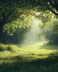 Obraz premium Sunlit Meadow in a Lush Green Forest, Sunlight Beams Through Canopy, Creating Magical Atmosphere, Tranquil Nature Scene, Serene and Peaceful. : Generative AI