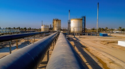 Aerial view of large industrial oil refinery pipes and storage tanks under a clear blue sky, showcasing the scale of petroleum processing infrastructure. : Generative AI