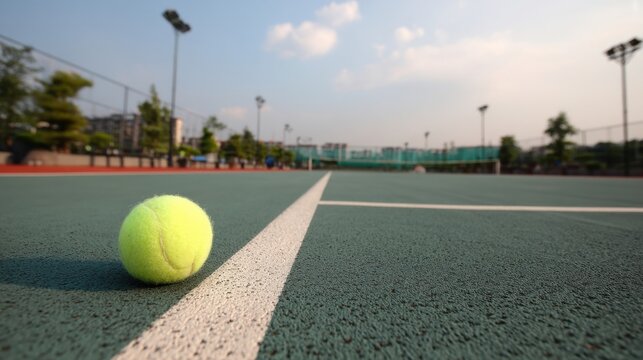 Single tennis ball rests on a green outdoor court near the service line, under a partly cloudy sky, with blurred background showing buildings and trees. : Generative AI