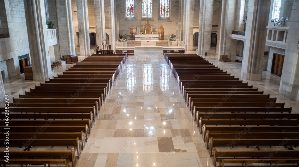 Poster empty pews in a grand cathedral with marble floors and stained glass windows, reflecting light. : ge