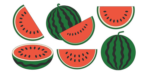 Watermelon Slice Illustration Set Color Black and White, Watermelon Line Art Illustrations Set for Coloring, Watermelon Fruit Half Slice Icons Black White