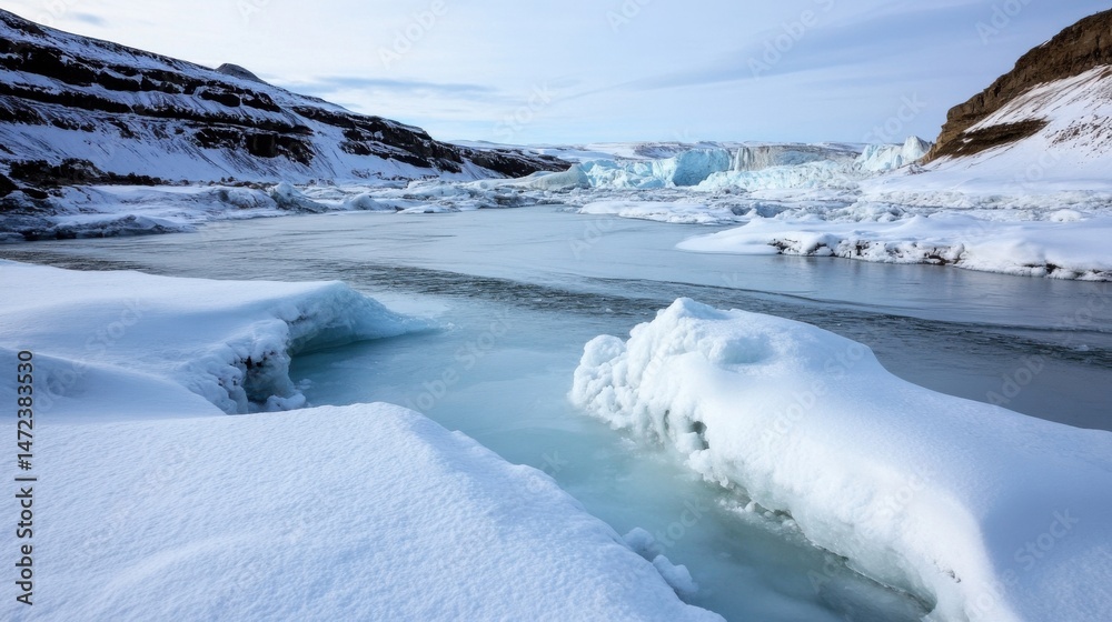 Poster a glacial river flows through a snow-covered landscape in iceland, with towering ice formations and 