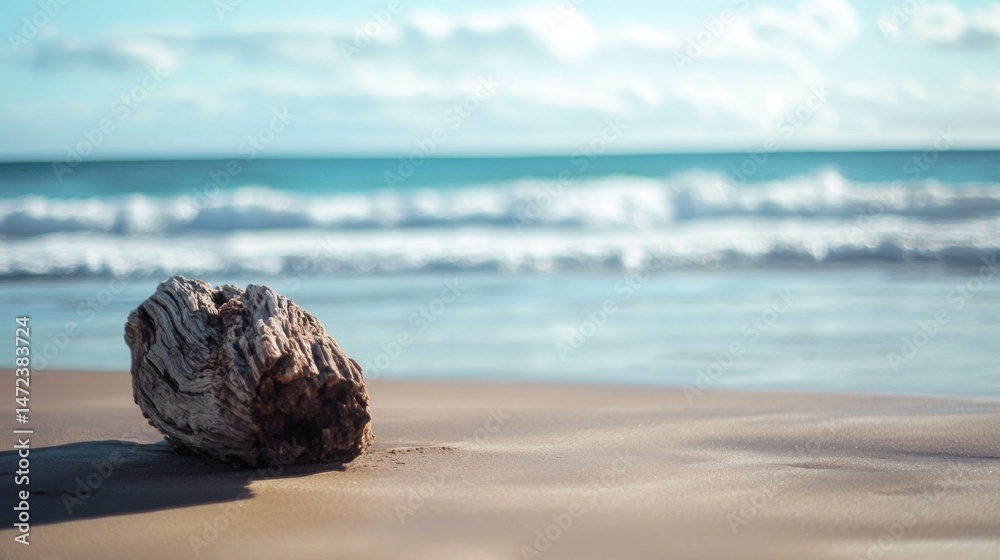 Poster sunlit driftwood rests on a sandy beach, with blurred ocean waves in the background, creating a sere