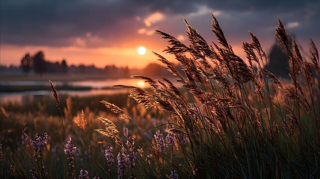 Wildgr&auml;ser im Sonnenuntergang an einem ruhigen Seeufer
