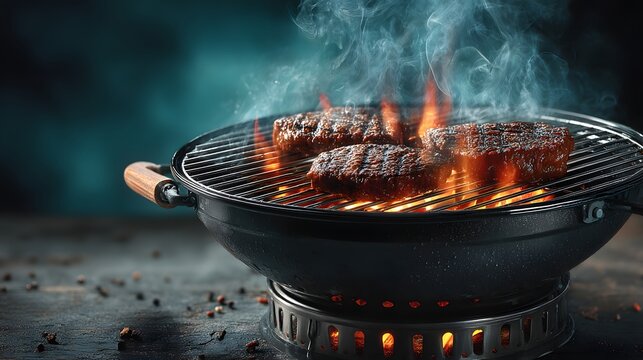 Grillsteaks mit lodernden Flammen auf modernem BBQ-Grill
