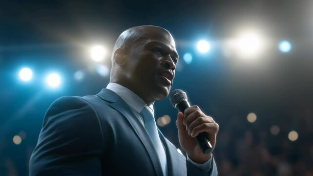 Confident African American Businessman Delivers a Powerful Speech on Stage Under Bright Lights