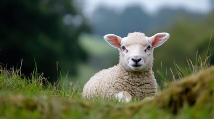 Obraz premium Adorable white lamb resting in lush green pasture, gazing directly at the camera. Soft, fluffy wool, springtime scene. : Generative AI