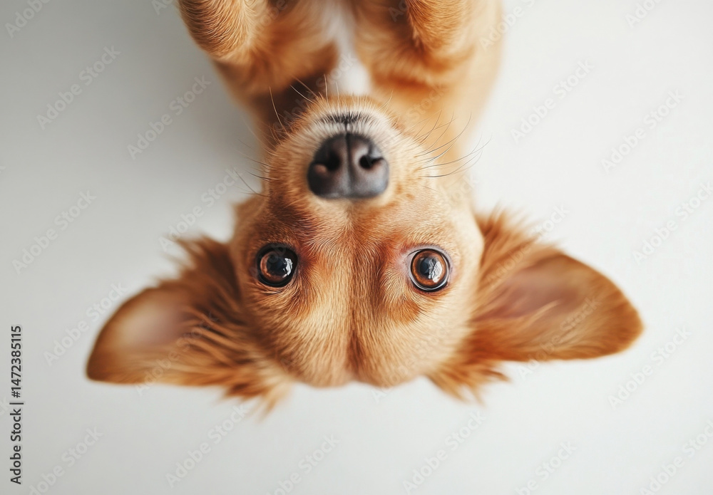 Poster adorable brown puppy looking up from the floor, playful expression, close up view of its face and ea