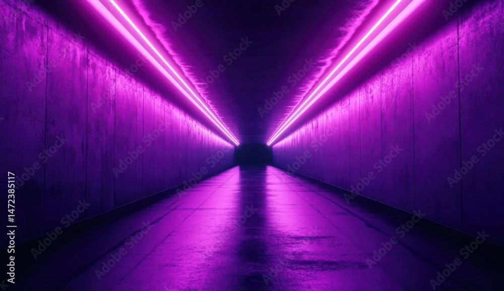 Poster a long, dark corridor illuminated by vibrant purple neon lights, creating a futuristic and mysteriou