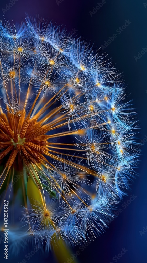 Poster Close-up view of a dandelion seed head, showcasing intricate details of its delicate, wispy seeds and golden center against a dark blue backdrop. : Generative AI