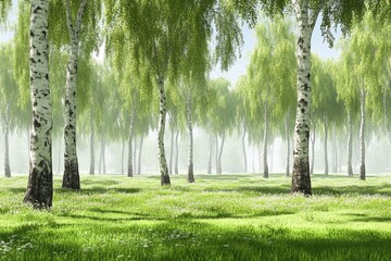Verdant birch grove bathed in morning light. Lush greenery, tall trees, and a soft mist fill the scene