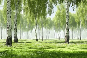Selbstklebende Fototapeten Verdant birch grove bathed in morning light. Lush greenery, tall trees, and a soft mist fill the scene © ASIH