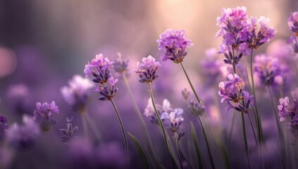 Obraz premium Close-up view of delicate purple lavender flowers bathed in soft, golden sunlight, creating a serene and romantic atmosphere. : Generative AI