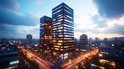 Fototapeta premium Modern skyscrapers illuminate the cityscape as traffic streaks through the vibrant streets at twilight hour.