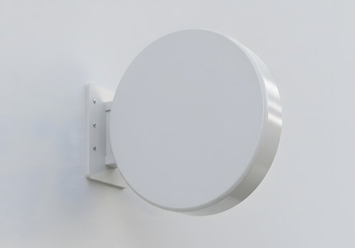 Blank Round Projecting Sign Mockup on White Wall.