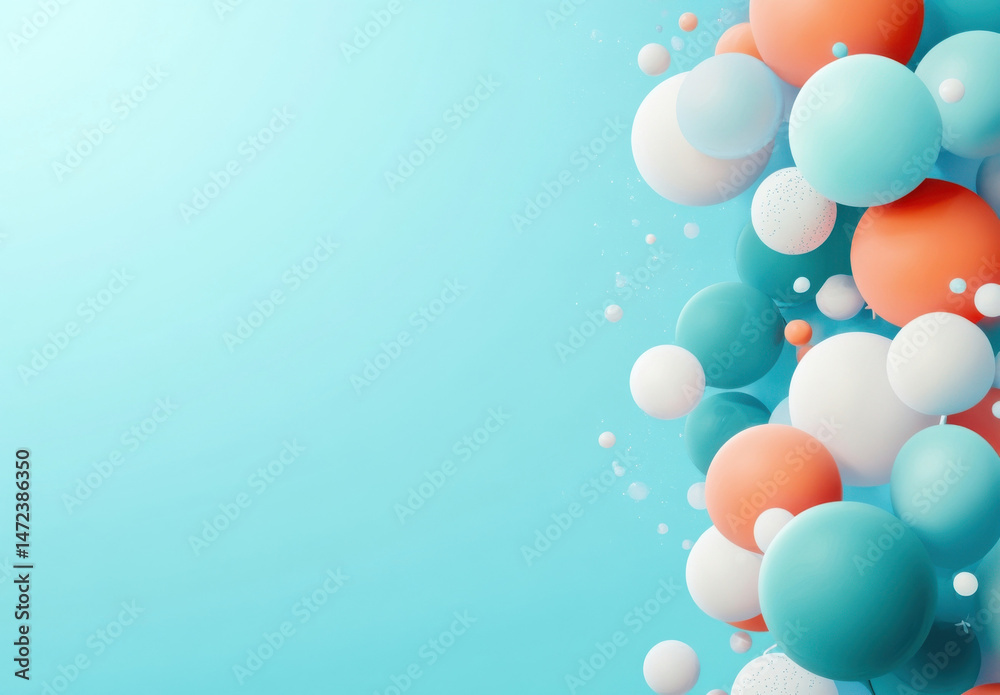 Poster a cluster of pastel-colored spheres floats against a light blue background, creating a cheerful and 