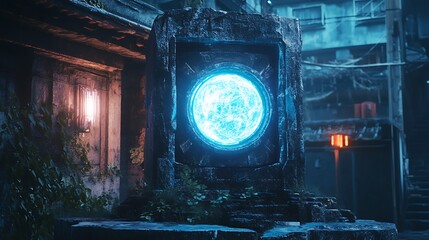 Naklejka premium Glowing orb in decaying structure