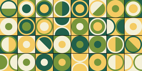 Retro-inspired geometric composition using green circles in a tiled layout. Repetitive and minimal, perfect for backgrounds, prints, or decorative design.