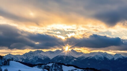 Majestic sunset rays pierce through dramatic clouds, illuminating a snow-capped mountain range in winter.  The golden light casts long shadows across the landscape, creating a breathta : Generative AI