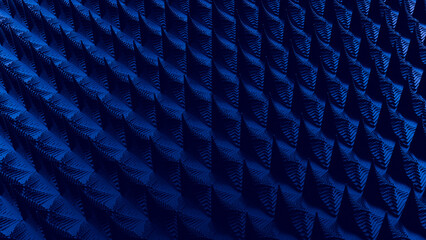 Fototapeta premium Abstract pattern of geometric shapes in dark blue, creating a textured surface with light and shadow interplay. Triangular forms are repetitive, forming a visually appealing 3D effect