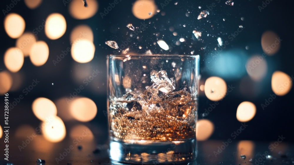 Fototapete Ice cubes falling into a glass of amber liquid, creating splashes and a dynamic scene against a bokeh background of warm, golden lights. : Generative AI