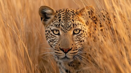Fototapeta premium Leopard wildlife ambush concept. A leopard gazes intently through tall golden grasses in a serene wildlife setting.