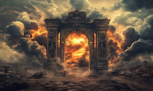 Ancient archway leads to a fiery sky through turbulent clouds