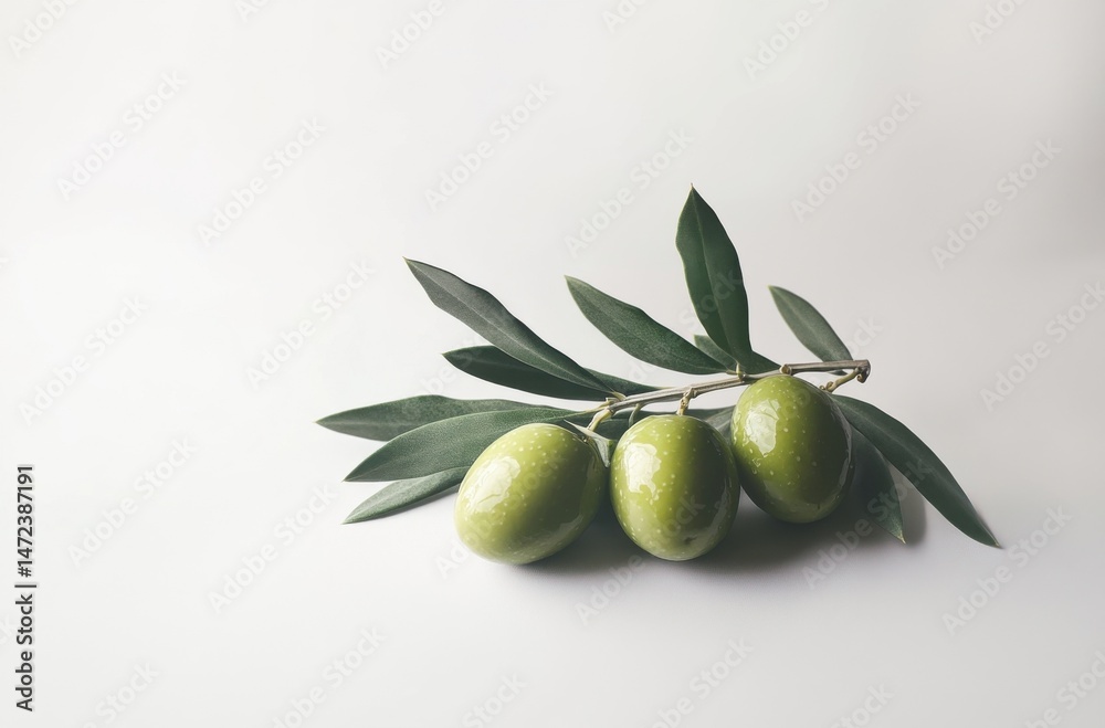 Poster three green olives on a branch with leaves, isolated on a white background. a simple, elegant image 