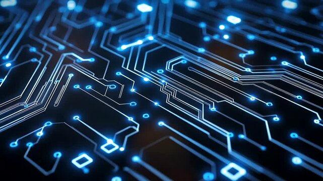 Intricate glowing blue circuit board pathways and nodes pulsing with light, depicting data flow on a dark, futuristic tech surface
