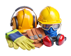 Personal protective equipment and workplace safety on white background, PNG