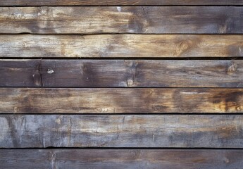 Obraz premium Rustic weathered wood planks, horizontal arrangement, showing natural grain and texture variations in brown and gray tones. Ideal for background or texture. : Generative AI
