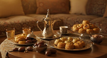 Obraz premium Middle Eastern desserts and coffee setup